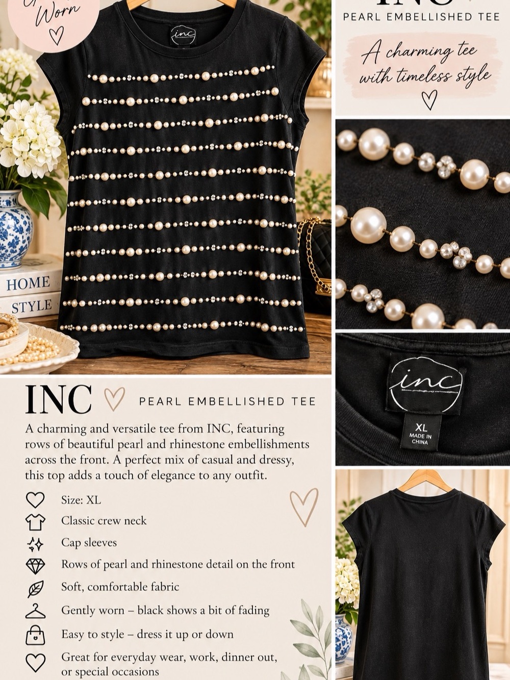 INC Pearl Embellished Black Tee- Size XL-